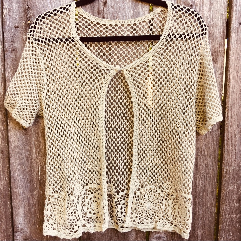 Light Sage Green Crocheted Open Weave Cardigan L